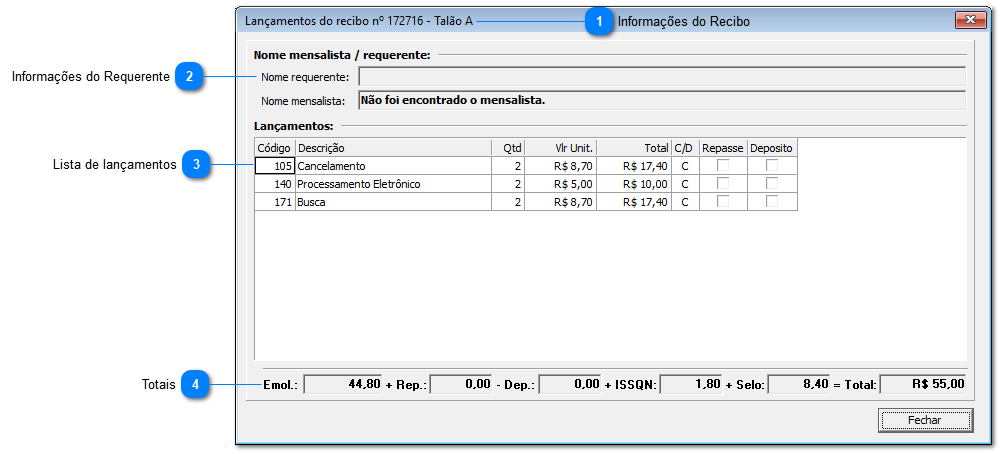 Lançamentos do Recibo