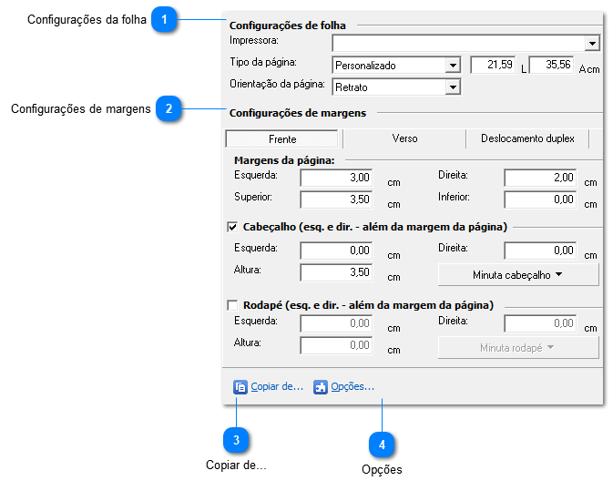 Configurações de folha